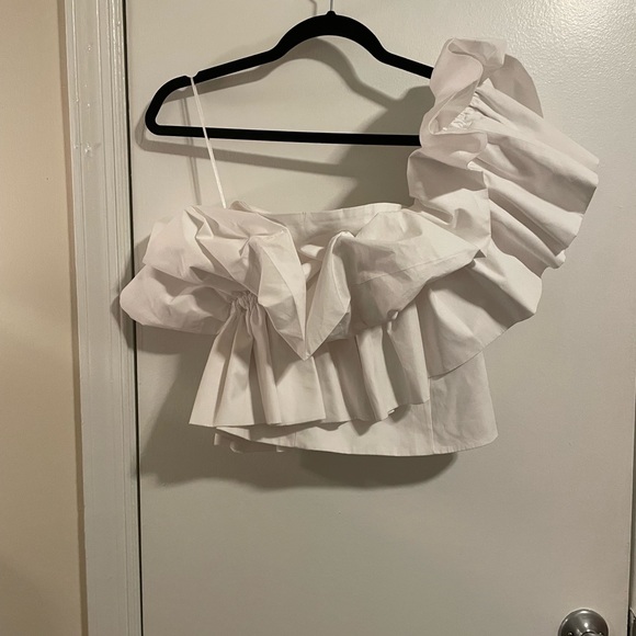 Rare! Zara Blogger White Cotton Poplin Ruffle One Shoulder Bustier Top S - Picture 4 of 11